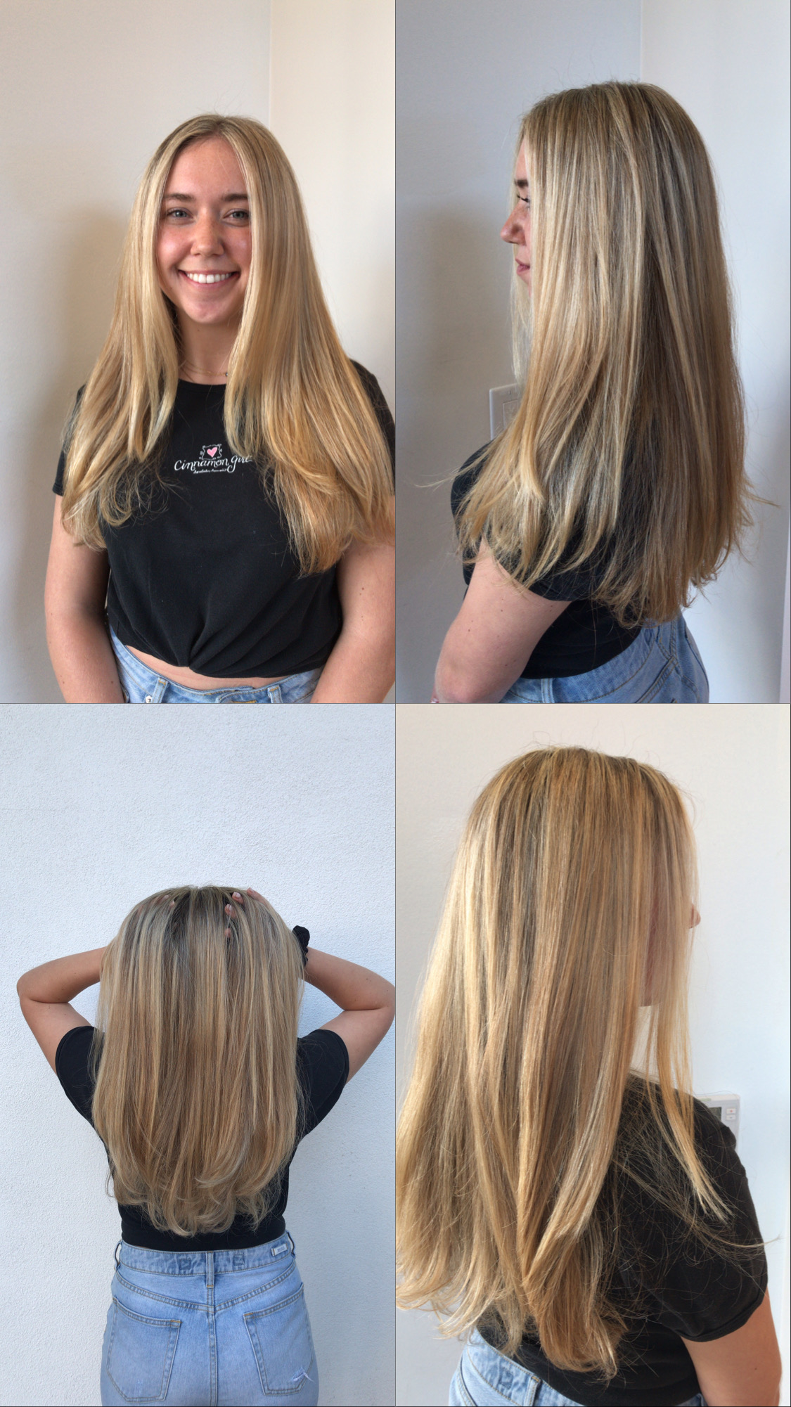 Four-panel collage showing front, side, and back views of a person with long blonde hair wearing a black shirt and jeans.