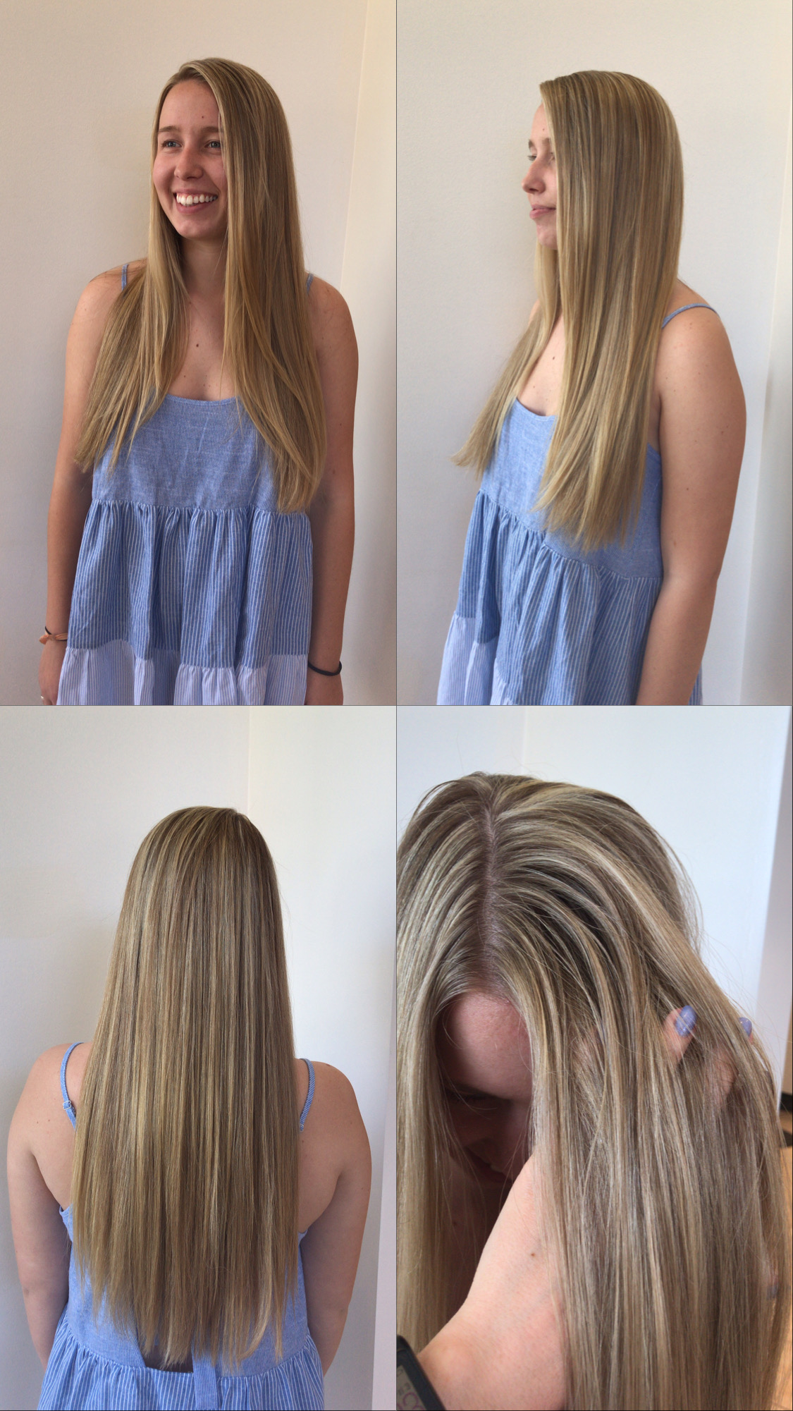 Four-panel collage showing a person with long, straight, highlighted hair from front, side, back, and close-up views.