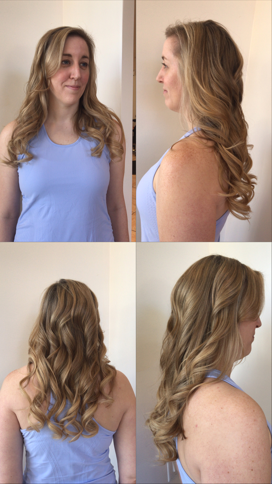Four views show a person with long wavy hair wearing a light blue sleeveless top.