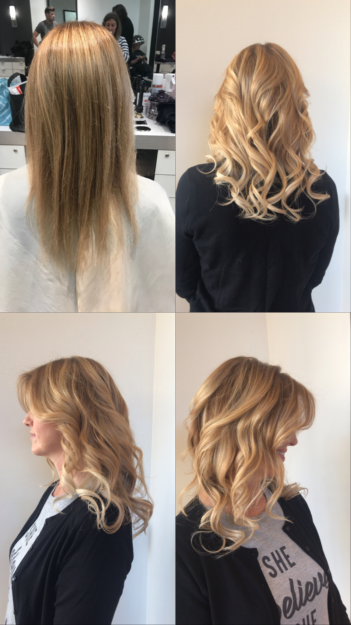 Four-panel collage showing long straight hair and styled wavy hair from different angles.
