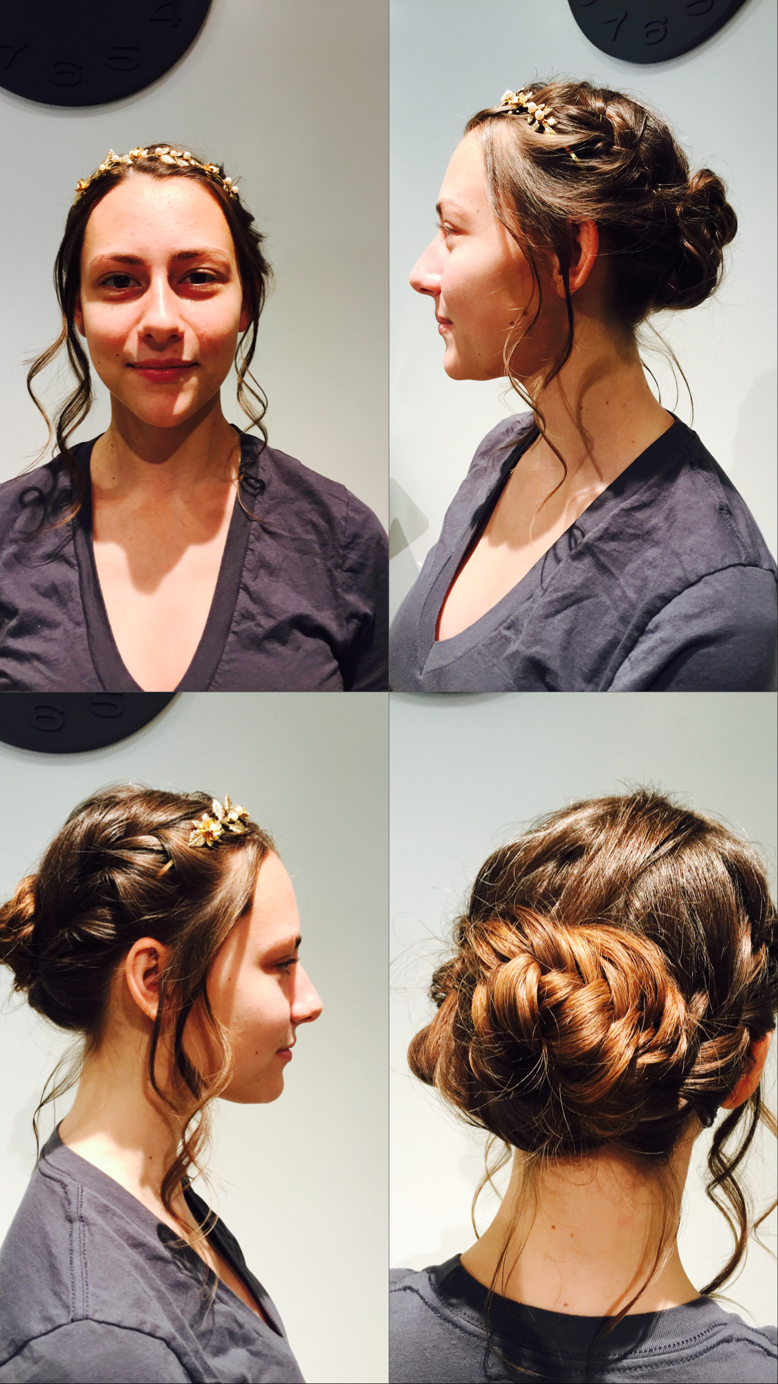 Four views of a person with braided hair in a loose bun, wearing a gray top, against a plain background.